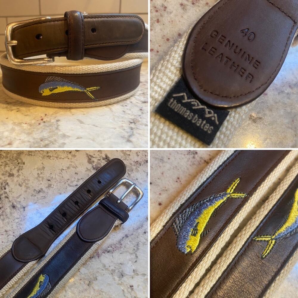 Thomas Bates Leather Canvas Fish Saltwater Mens Belt sz 40 EUC
